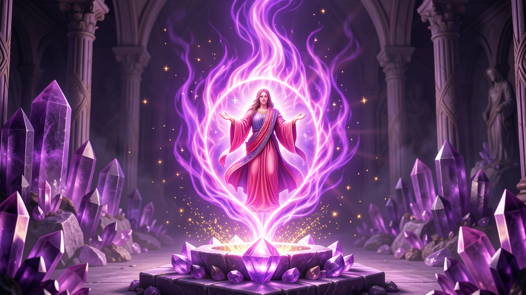 Los Maestros Ascendidos de los 7 Rayos irradiando luz violeta de transmutación espiritual