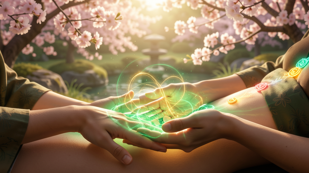 Jin shin jyutsu sanacion energetica - manos canalizando luz dorada en práctica de sanación japonesa