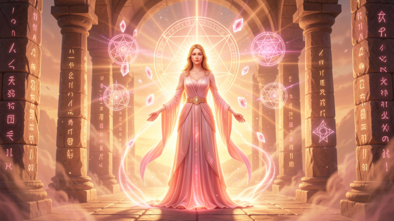 Lady Nada Maestra Ascendida del Sexto Rayo irradiando luz rosa dorada en templo etérico con geometría sagrada, espíritu envolvente 2026