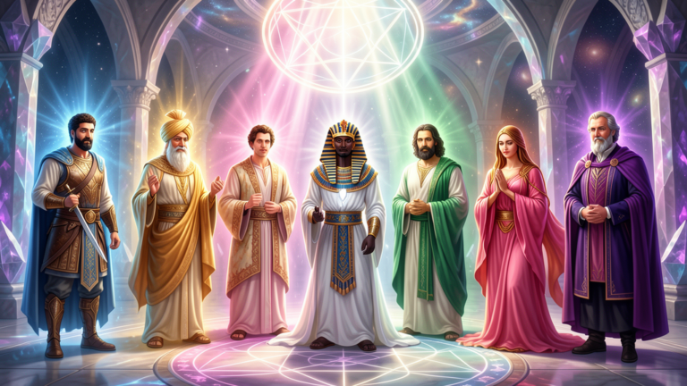 Los 7 Chohanes de los Rayos Sagrados: El Morya, Kuthumi, Pablo el Veneciano, Serapis Bey, Hilarion, Lady Nada y Saint Germain en formación celestial