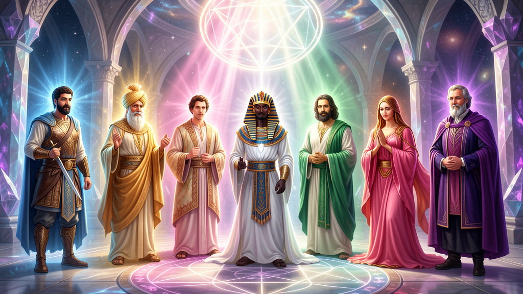 Los 7 Chohanes de los Rayos Sagrados: El Morya, Kuthumi, Pablo el Veneciano, Serapis Bey, Hilarion, Lady Nada y Saint Germain en formación celestial