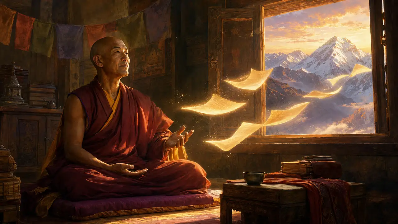 El Maestro Tibetano Djwhal Khul, con túnica granate y azafrán, enseña sentado mientras páginas de luz salen hacia los picos del Himalaya