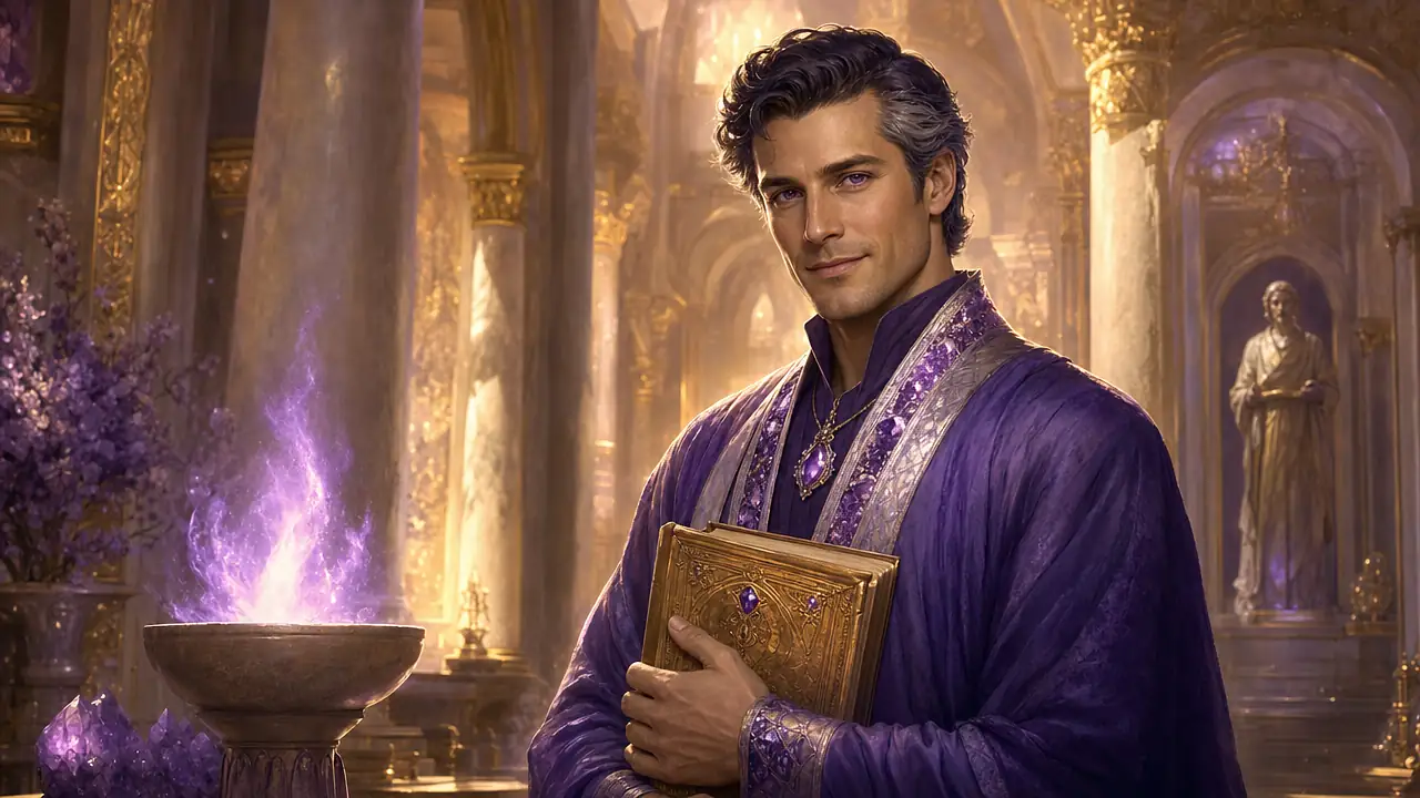 Saint Germain, con túnica violeta y colgante de amatista, sostiene un libro dorado junto a una llama violeta