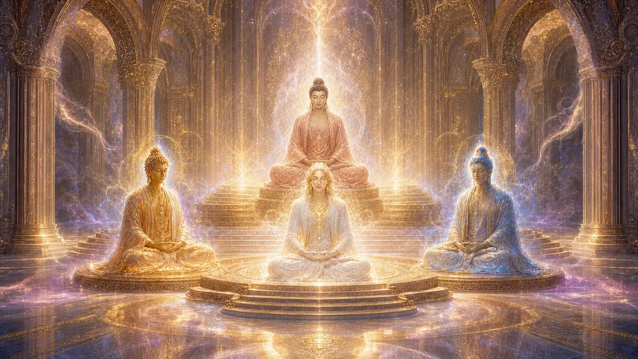 Sanat Kumara en meditación en un santuario de luz, rodeado por los tres Budas de Actividad