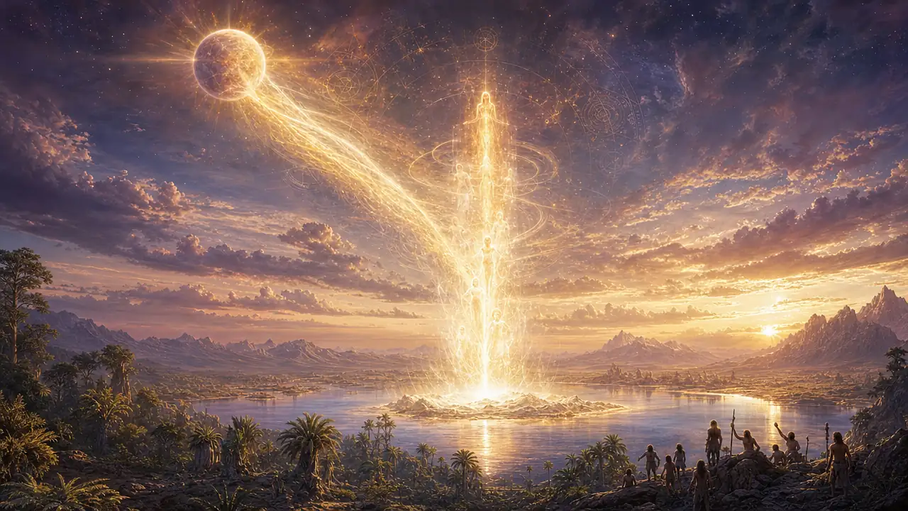 Una corriente de fuego blanco y dorado desciende desde Venus hasta una isla blanca en un mar interior de la Tierra joven