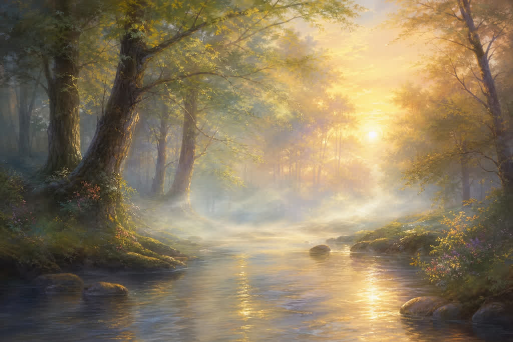 Soñar con agua de río - río fluyendo en un bosque con niebla al amanecer, símbolo del flujo de la vida