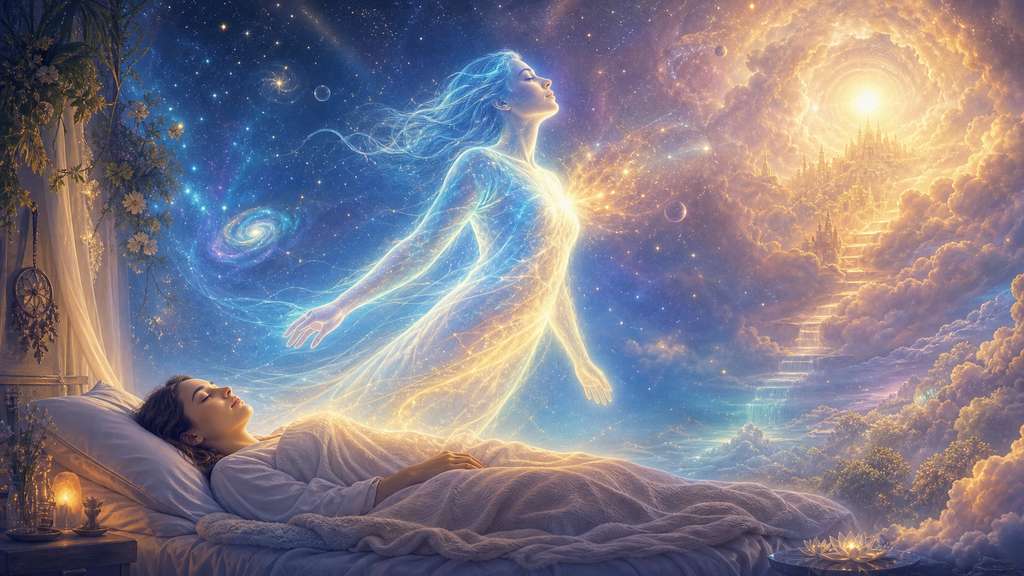 Silueta luminosa flotando sobre el cuerpo dormido, representando la conciencia onírica