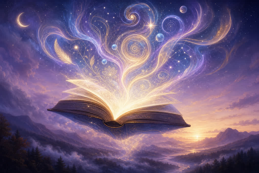 Sueños premonitorios - libro con páginas brillantes flotando en un paisaje de niebla, símbolo de interpretación onírica y guía espiritual