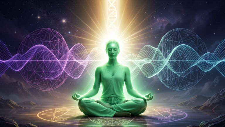 ThetaHealing sesión de sanación energética con estado theta cerebral, meditación profunda y luz espiritual verde y dorada