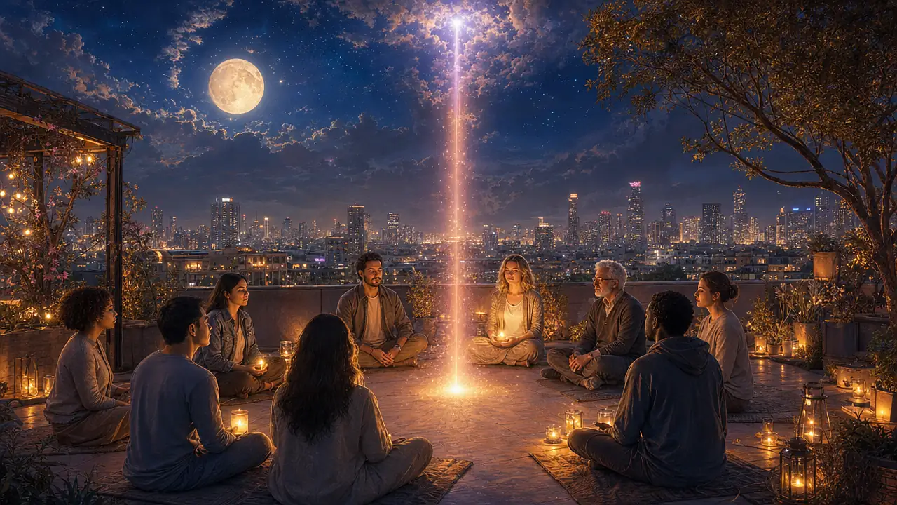 Un grupo diverso de personas medita en círculo en una azotea de ciudad bajo la luna llena, con una columna de luz que se eleva