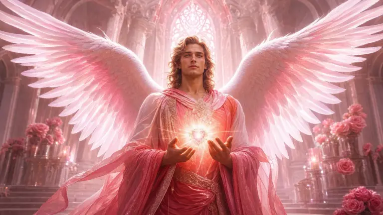 Arcángel Chamuel irradiando luz rosa de amor y compasión