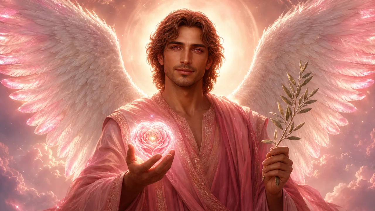 Arcángel Chamuel con luz rosa, corazón y rama de reconciliación