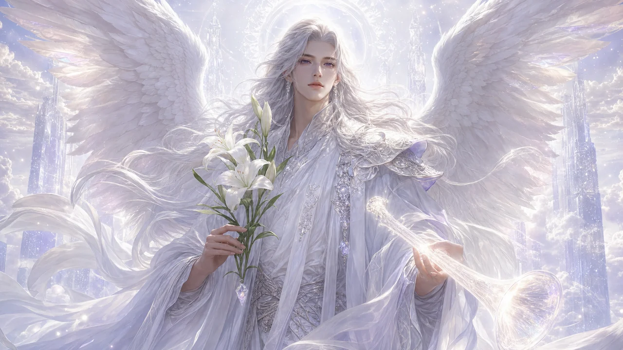 Arcángel Gabriel con lirio y trompeta de luz blanca