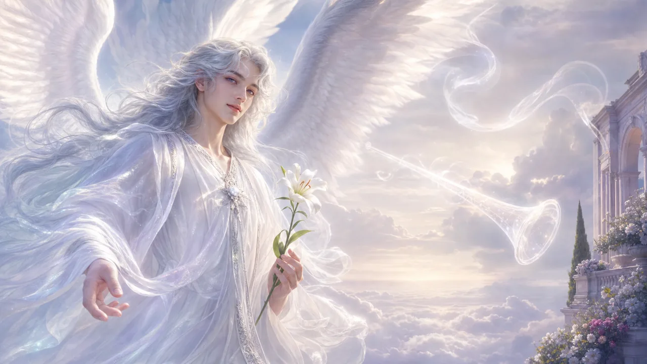 Arcángel Gabriel blanco y plateado con lirio y trompeta de luz