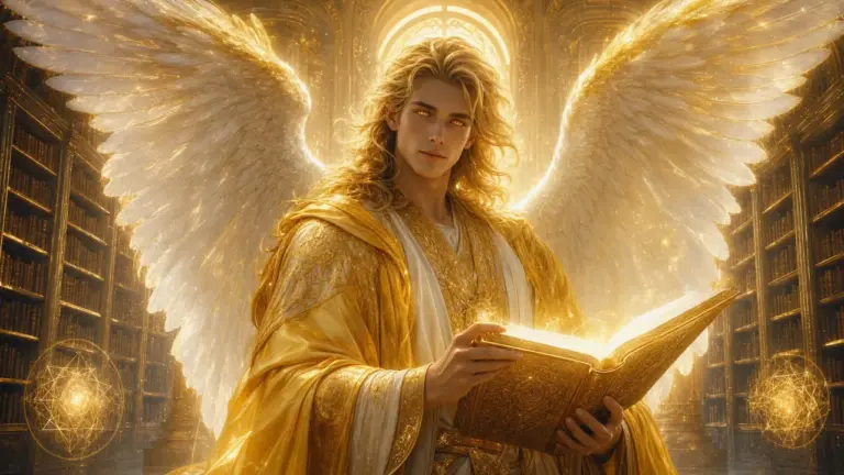 Arcángel Jofiel con libro de luz dorada y alas luminosas