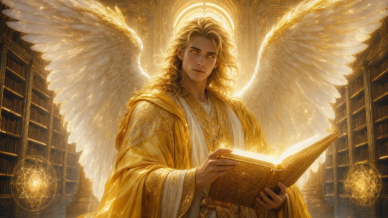 Arcángel Jofiel con libro de luz dorada y alas luminosas