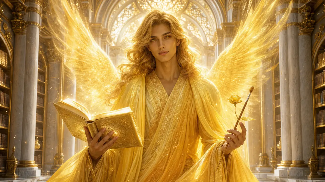 Arcángel Jofiel dorado con libro de sabiduría y símbolo de belleza divina