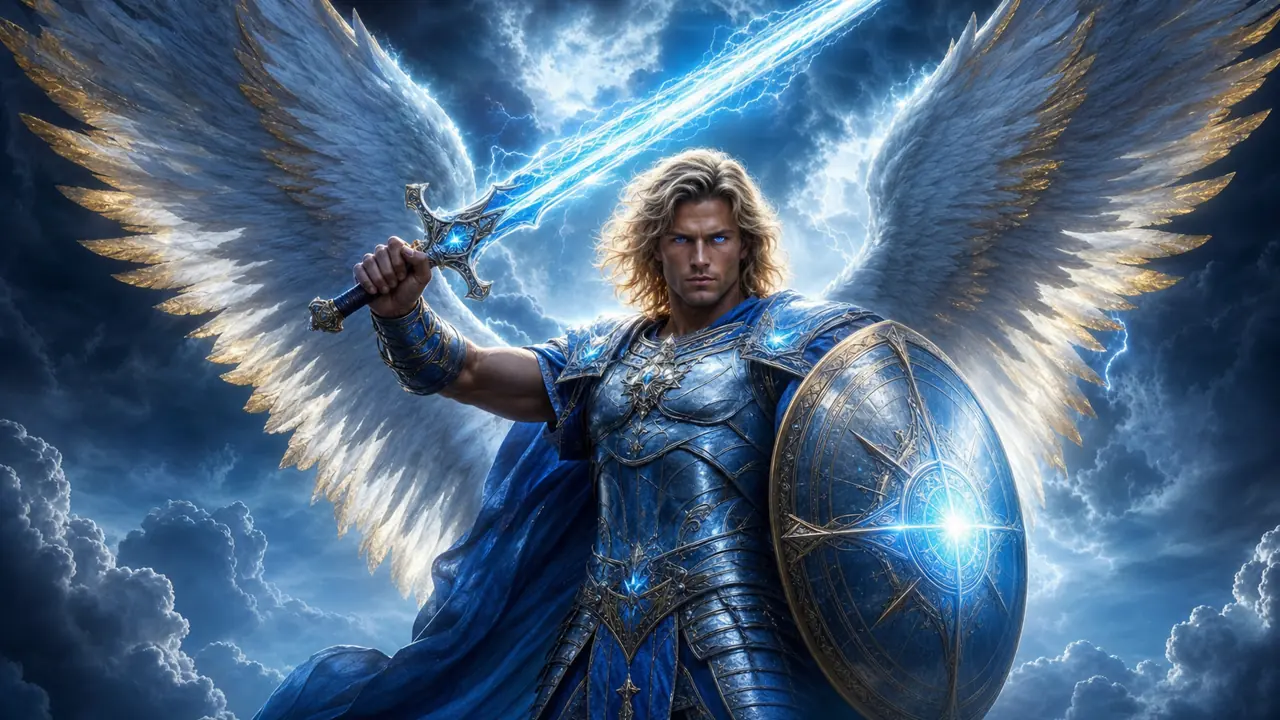 Arcángel Miguel con espada azul, escudo y armadura de protección divina