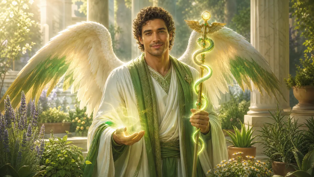 Arcángel Rafael verde con caduceo luminoso y manos sanadoras