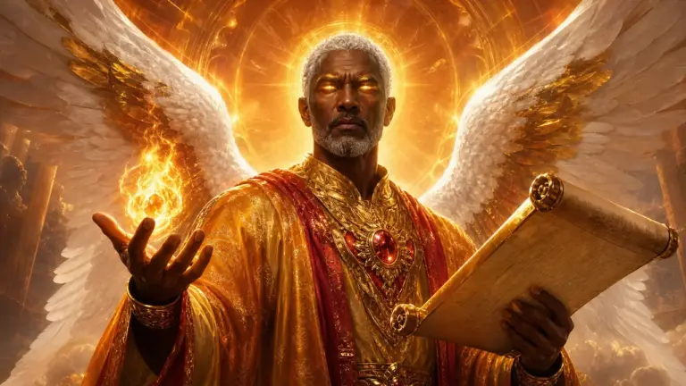 Arcángel Uriel con pergamino y llama oro rubí de sabiduría