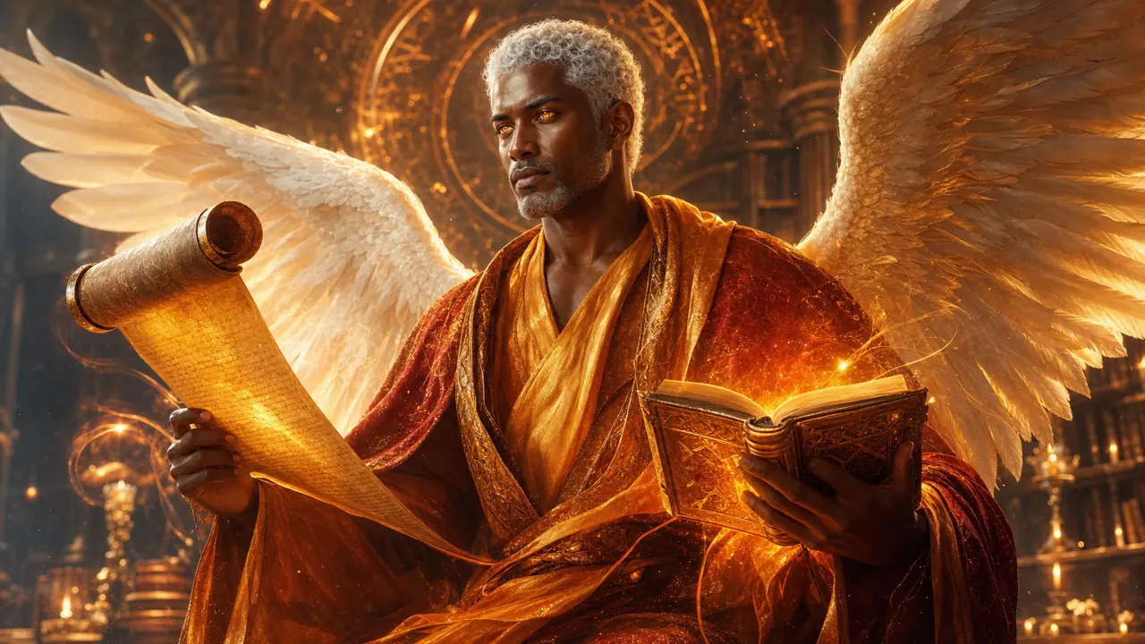 Arcángel Uriel con piel oscura, fuego dorado, libro y pergamino de sabiduría