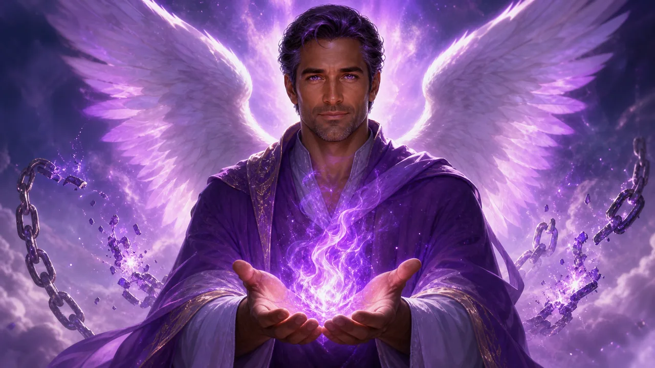 Arcángel Zadquiel con llama violeta, misericordia y cadenas transmutadas en luz