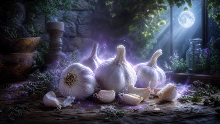 Ajos luminosos en una escena onírica de protección y limpieza espiritual
