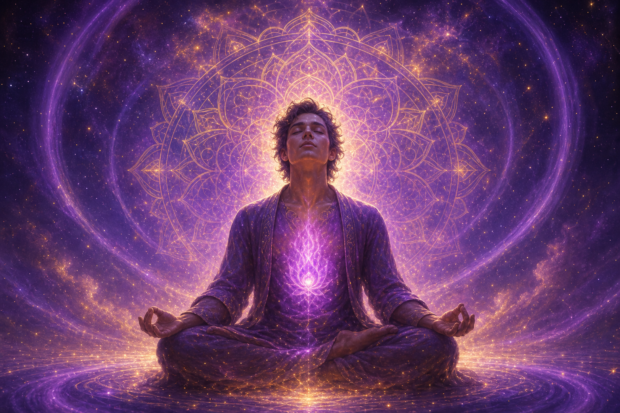 Aura morada brillante rodeando a una persona en meditación profunda con luz violeta y geometría sagrada