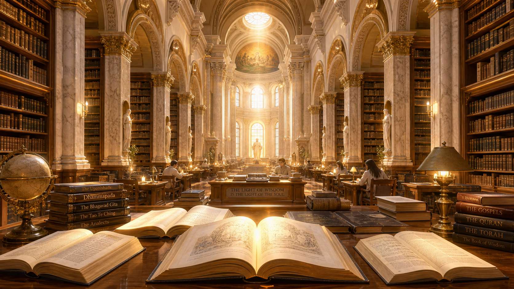 Biblioteca espiritual luminosa para estudio profundo y aprendizaje consciente