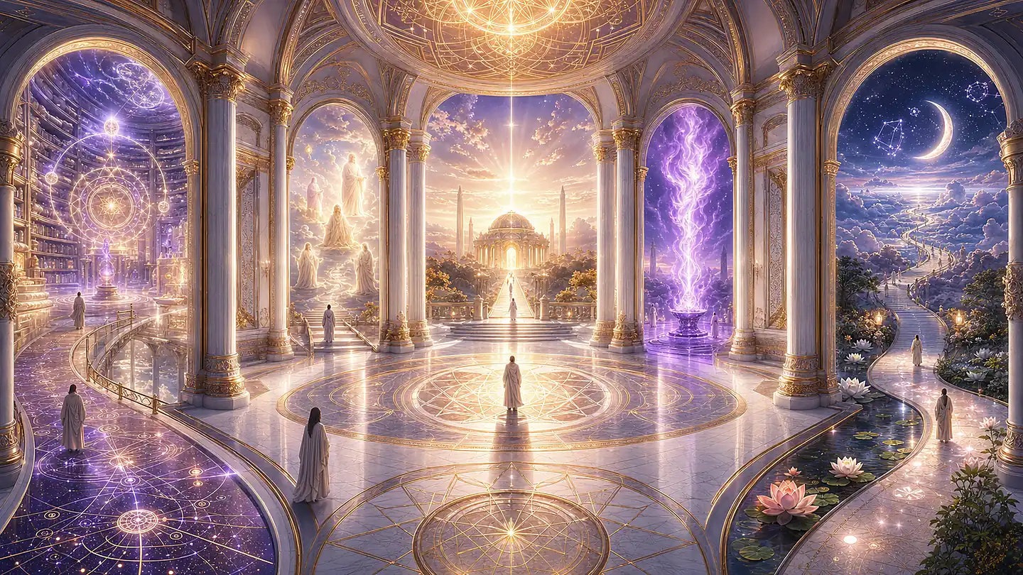 Hub espiritual con múltiples puertas de entrada a los contenidos esenciales de Hermandad Blanca de Luz