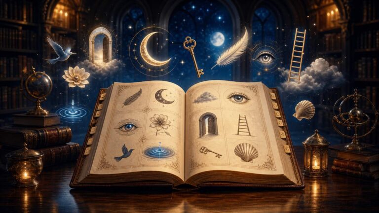 Libro iluminado con símbolos oníricos en una biblioteca mística para un diccionario de sueños