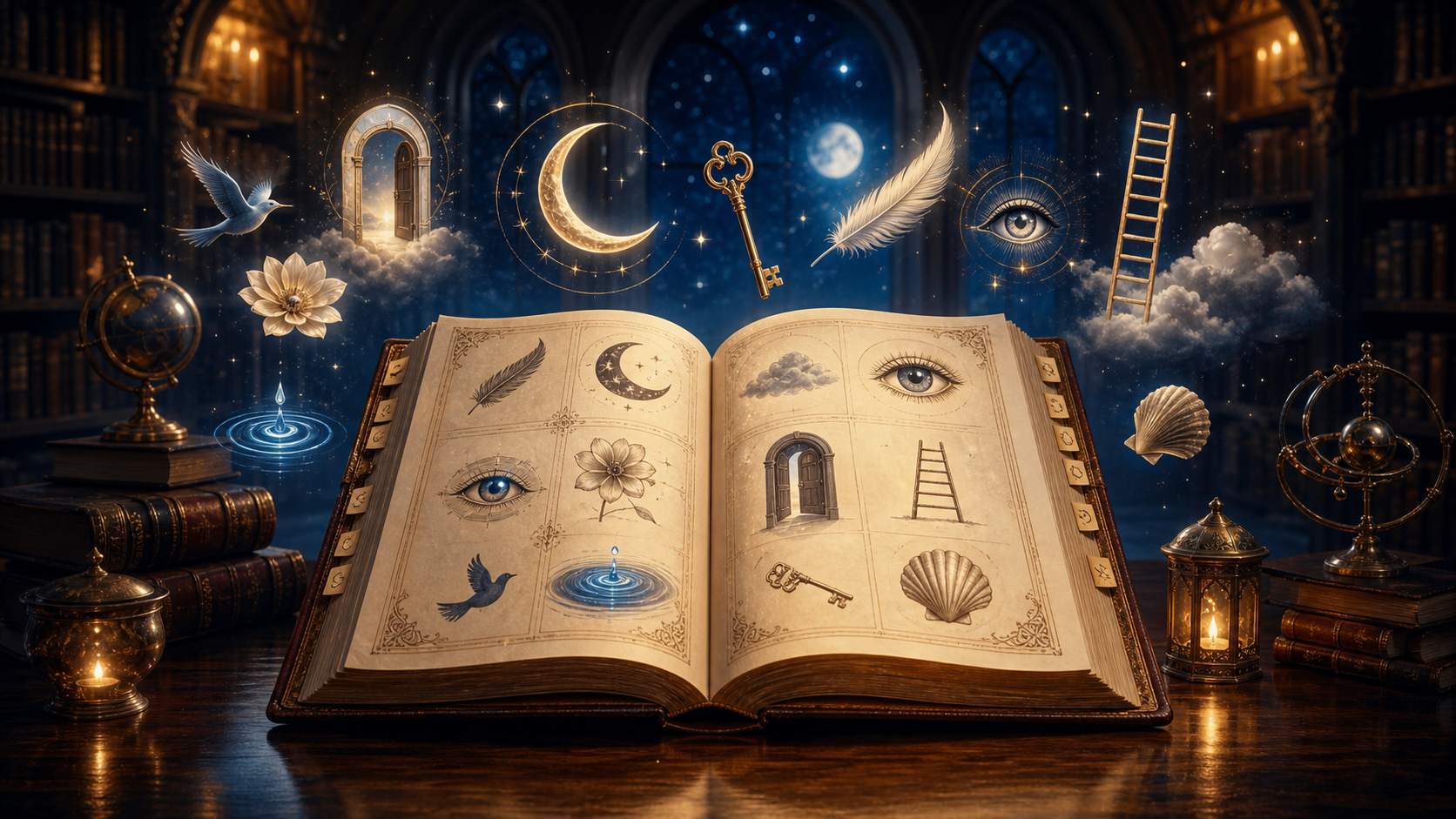Libro iluminado con símbolos oníricos en una biblioteca mística para un diccionario de sueños