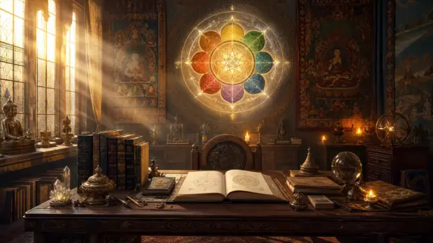 Libros esotéricos, mandala de siete rayos y enseñanza de Djwhal Khul con Alice Bailey