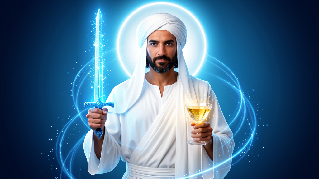 El Morya, Maestro Ascendido del Primer Rayo Azul, hombre de Medio Oriente con barba corta oscura y ojos azules profundos, turbante blanco luminoso, túnica blanca fluida, sosteniendo cáliz de cristal con luz dorada y espada de luz azul, halo circular luminoso detrás de la cabeza, fondo azul profundo con partículas brillantes, presencia de maestro espiritual sereno y sabio