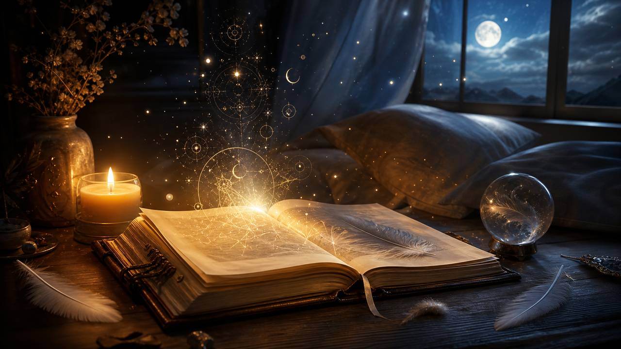 Diario de sueños con vela, luna y símbolos luminosos en una mesita de noche