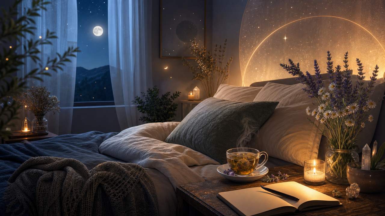 Dormitorio sereno con té, diario y luz lunar como preparación calmada antes de dormir
