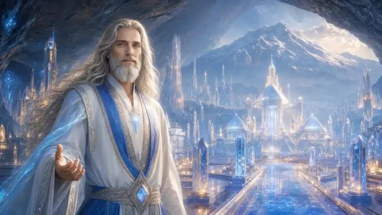 Maestro Adama ante la ciudad de cristal de Telos bajo el Monte Shasta