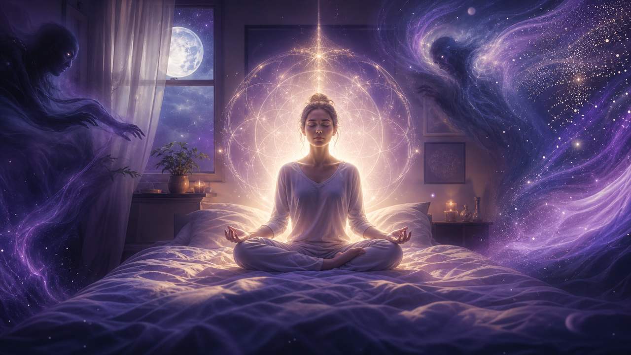 Figura luminosa meditando en la cama mientras la tensión se disuelve en luz violeta y plateada