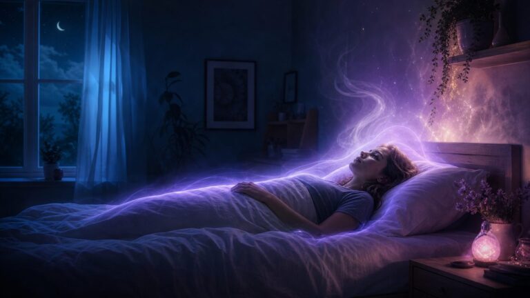 Persona inmovil en la cama mientras una luz violeta protectora transforma el miedo en comprension durante la paralisis del sueno
