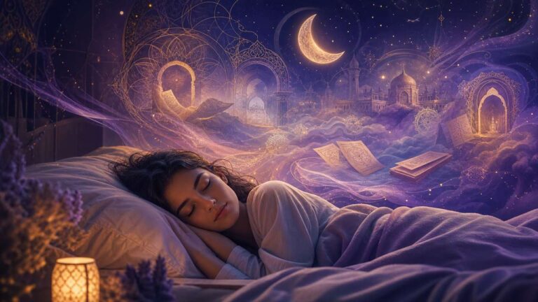 Persona durmiendo mientras simbolos oniricos luminosos emergen y revelan el lenguaje espiritual de los suenos