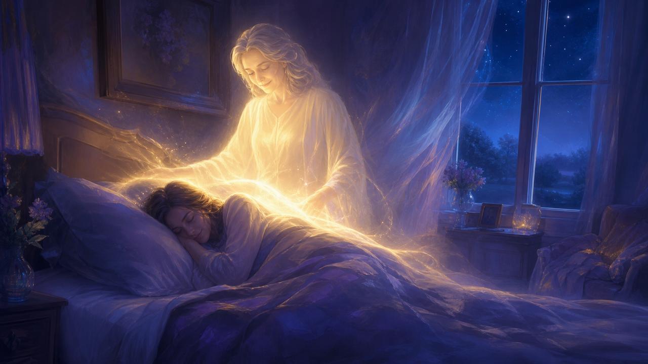 Aparición luminosa de un ser querido al pie de la cama durante un sueño de visita