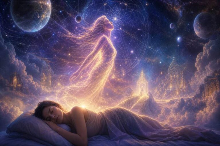 Consciencia luminosa elevándose mientras el cuerpo duerme, imagen espiritual sobre los sueños como vida paralela