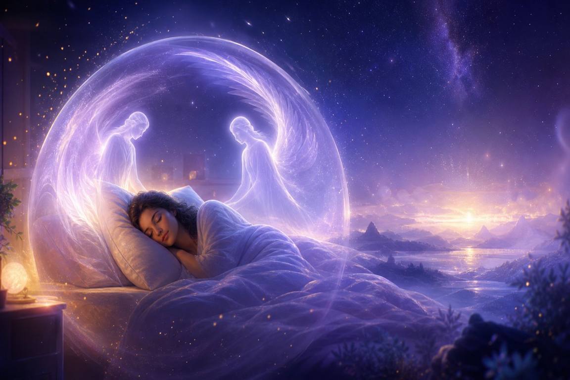 Persona dormida rodeada por una esfera de luz blanca y violeta, símbolo de protección espiritual durante el sueño