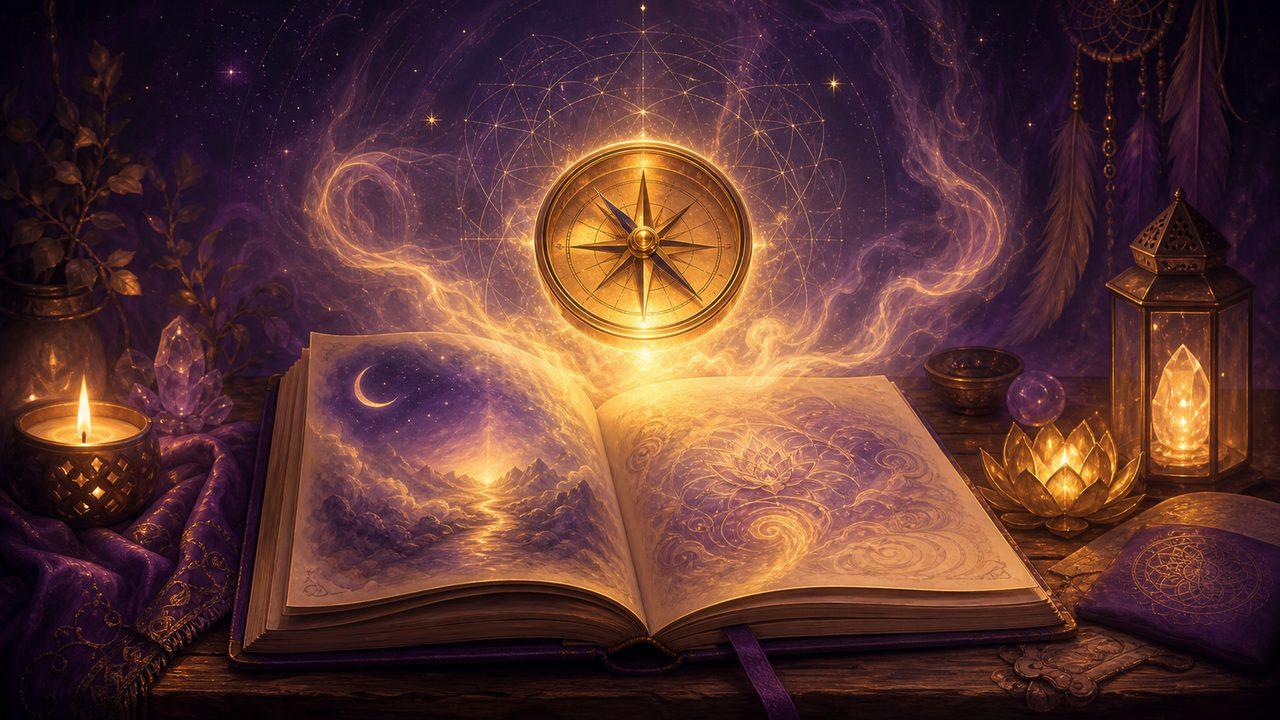 Diario de sueños con brújula luminosa para interpretación de sueños premonitorios