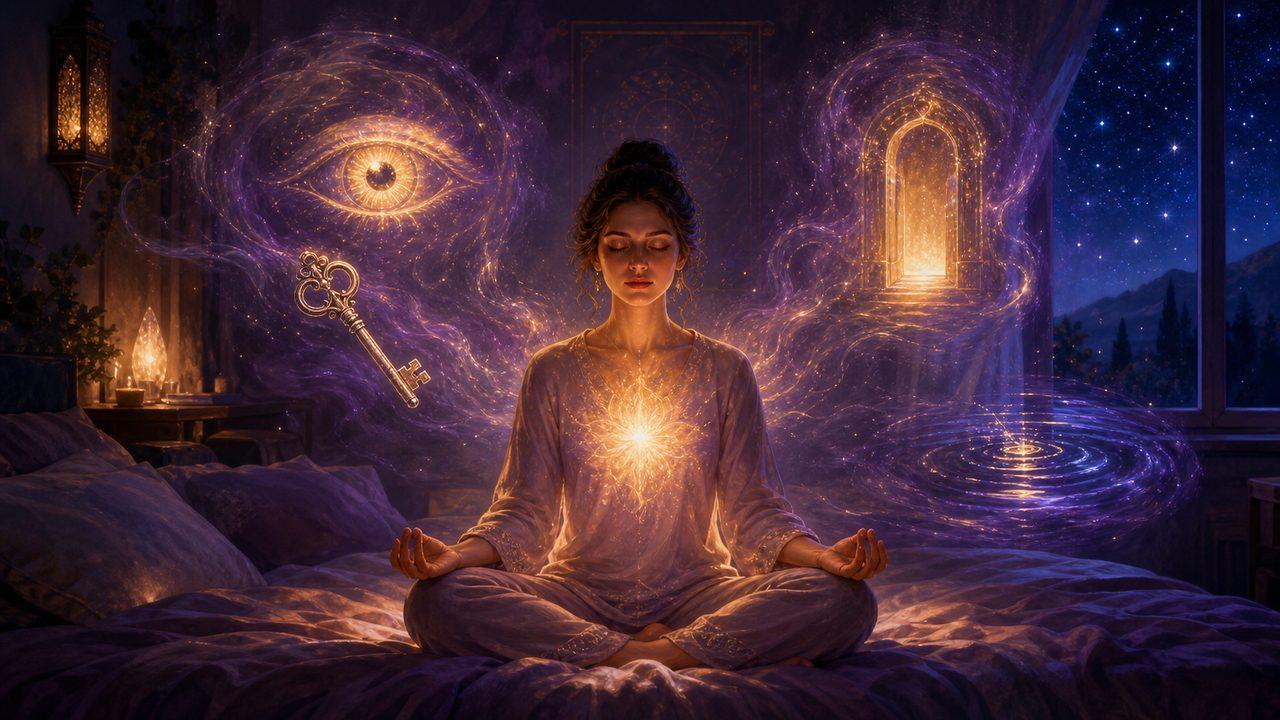Meditación nocturna con símbolos oníricos flotantes para desarrollar sueños premonitorios