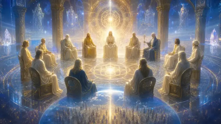 Consejo espiritual del Gobierno Interno del Mundo en templo de luz
