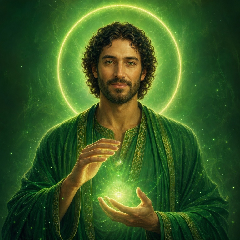 Hilarión en templo griego de curación irradiando verdad y sanación del Quinto Rayo Verde