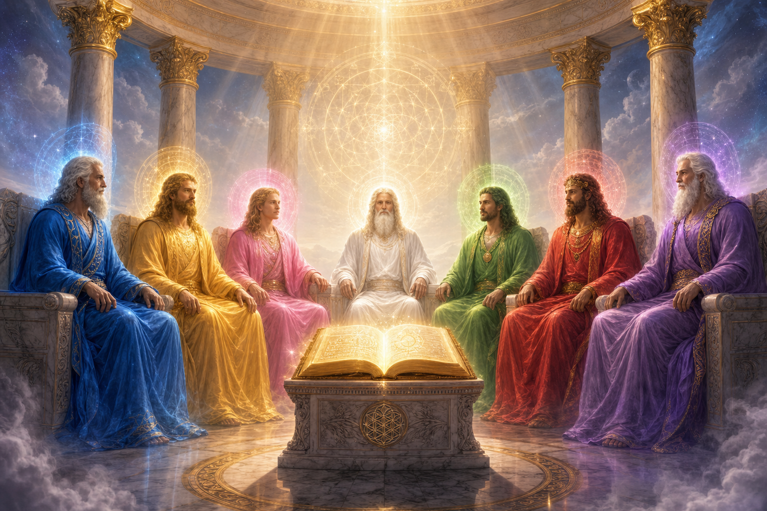Los 7 Chohanes de los Rayos reunidos en el Concilio Celestial de la Gran Hermandad Blanca
