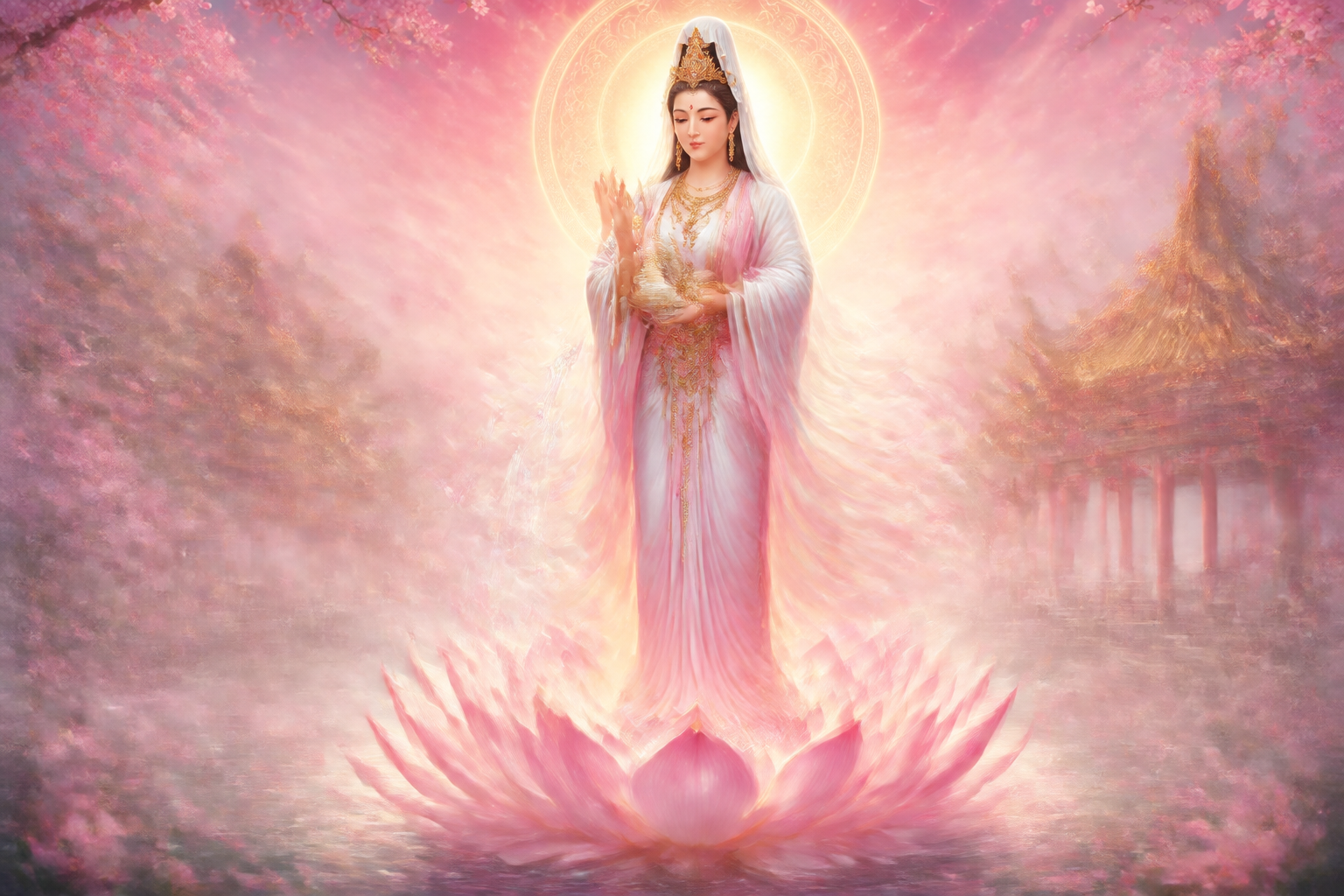 Kwan Yin Maestra Ascendida de la Misericordia sobre loto celestial con luz rosa
