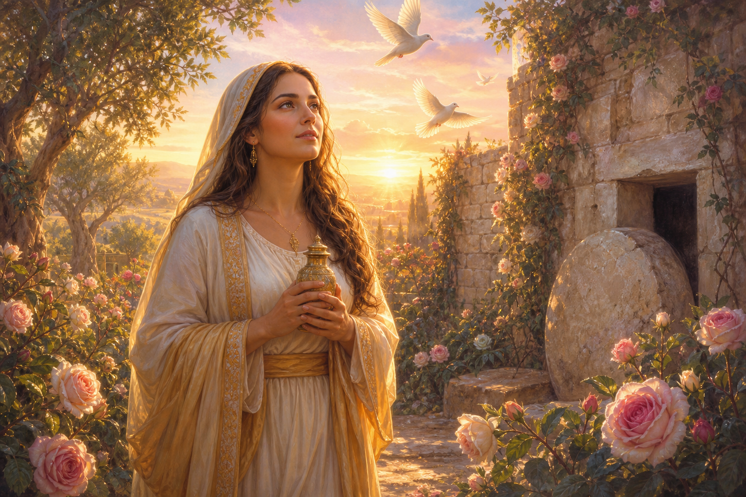 María Magdalena Maestra Ascendida del Corazón en jardín sagrado al amanecer